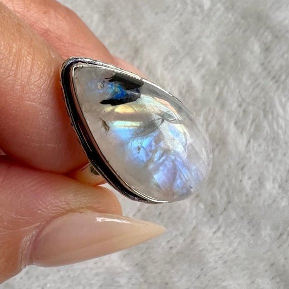 Handmade Jewelry - 925 Rainbow Flash Moonstone + Blk Tourmaline Ring 6